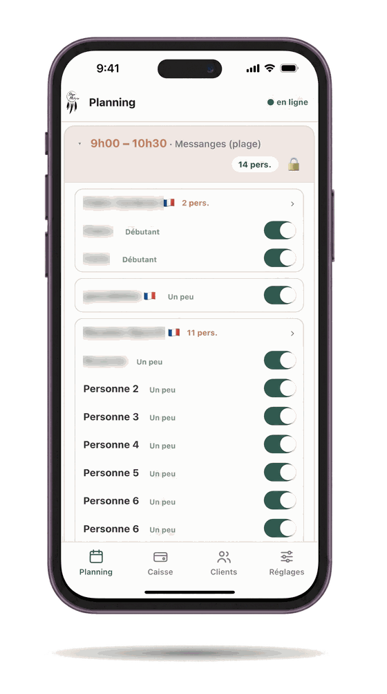 L'application sur un téléphone : le cours du jour, les inscrits et les présences à pointer