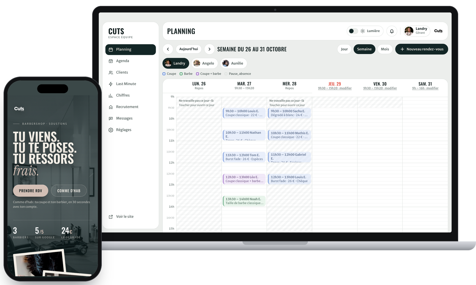 Le planning de l'équipe sur ordinateur et le site de réservation sur téléphone, version de démonstration préparée pour Cuts Collective