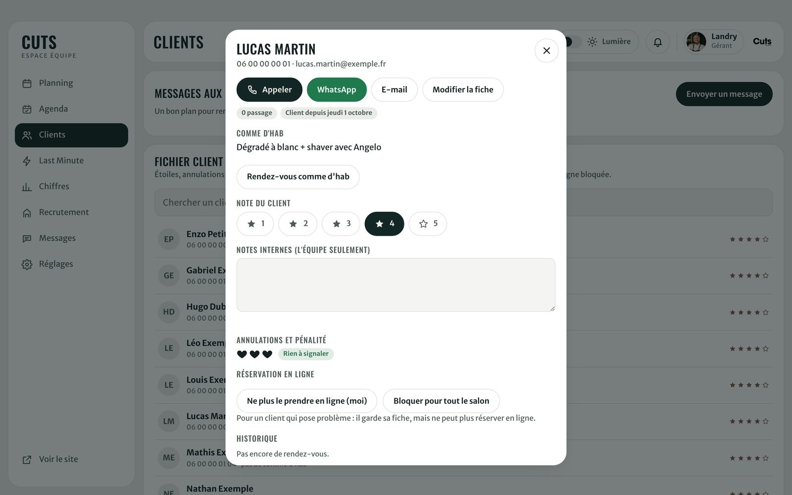 La fiche d'un client fictif : appeler, WhatsApp, comme d'hab, note, vies, réservation en ligne