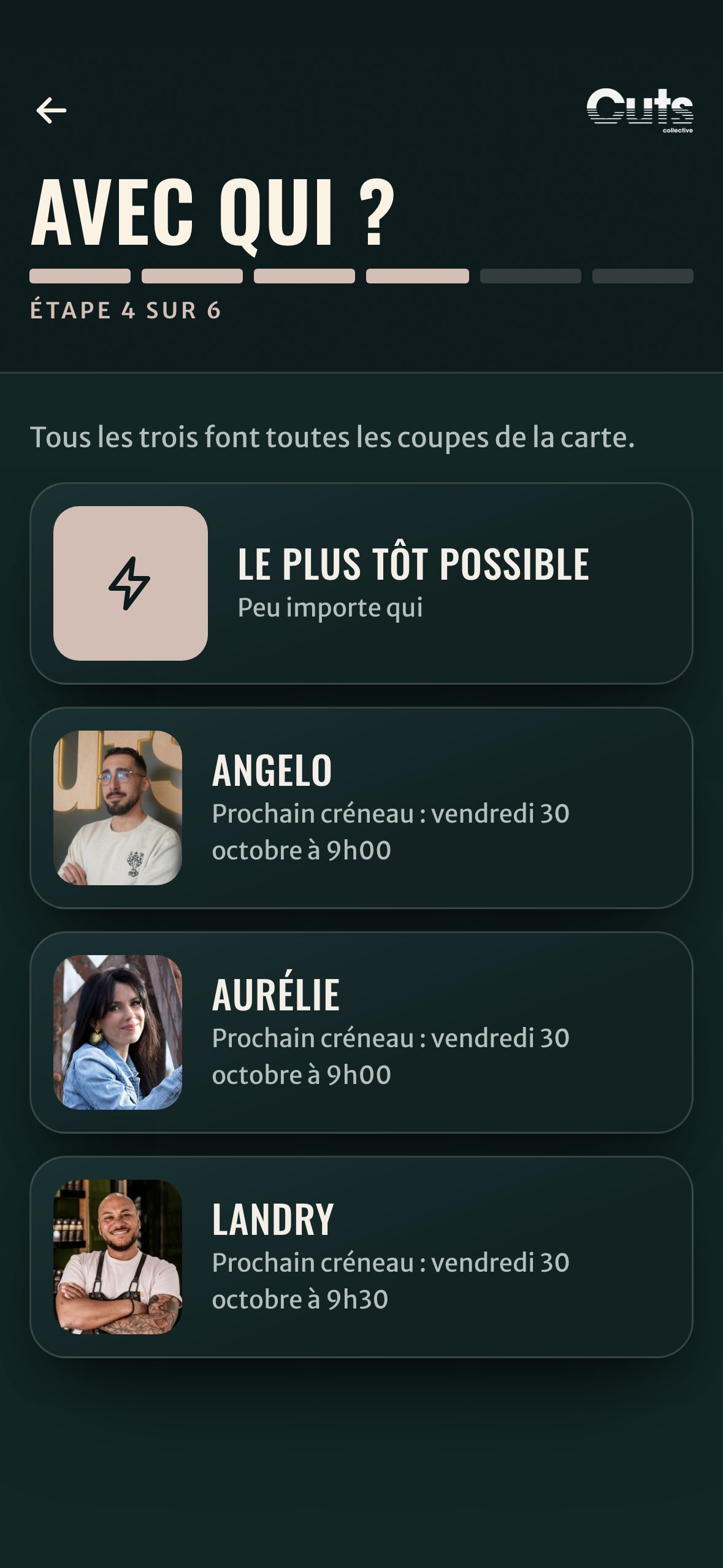 La réservation sur téléphone : le client choisit son barbier ou le plus tôt possible