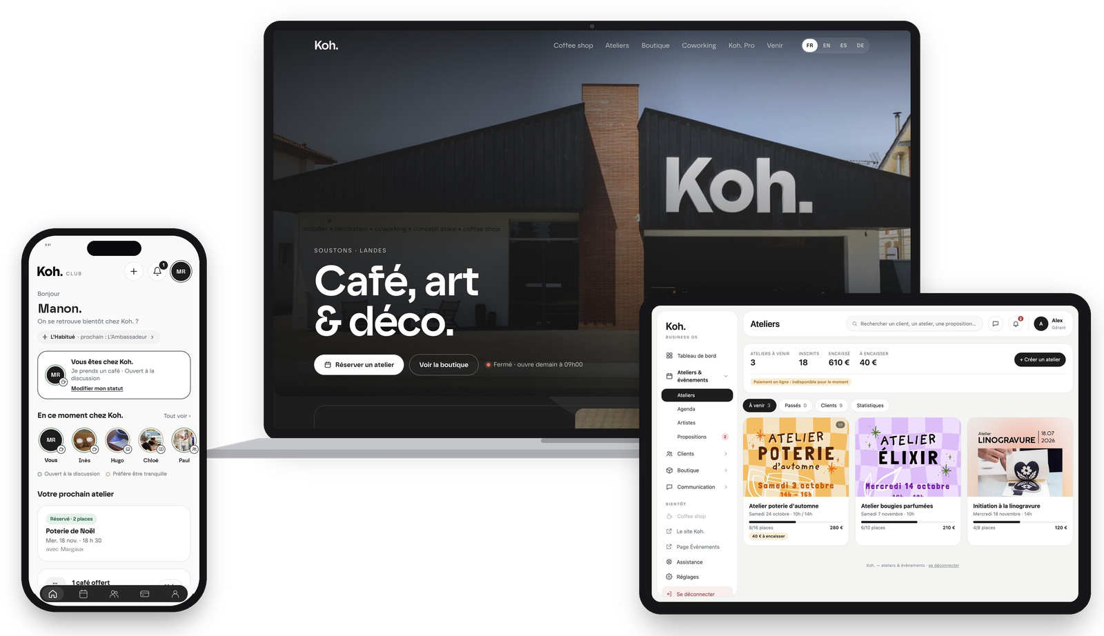 Koh., concept store à Soustons : le site, le logiciel des ateliers et l'application Club des clients